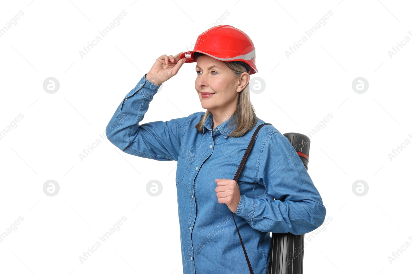 Photo of Architect in hard hat with tube on white background