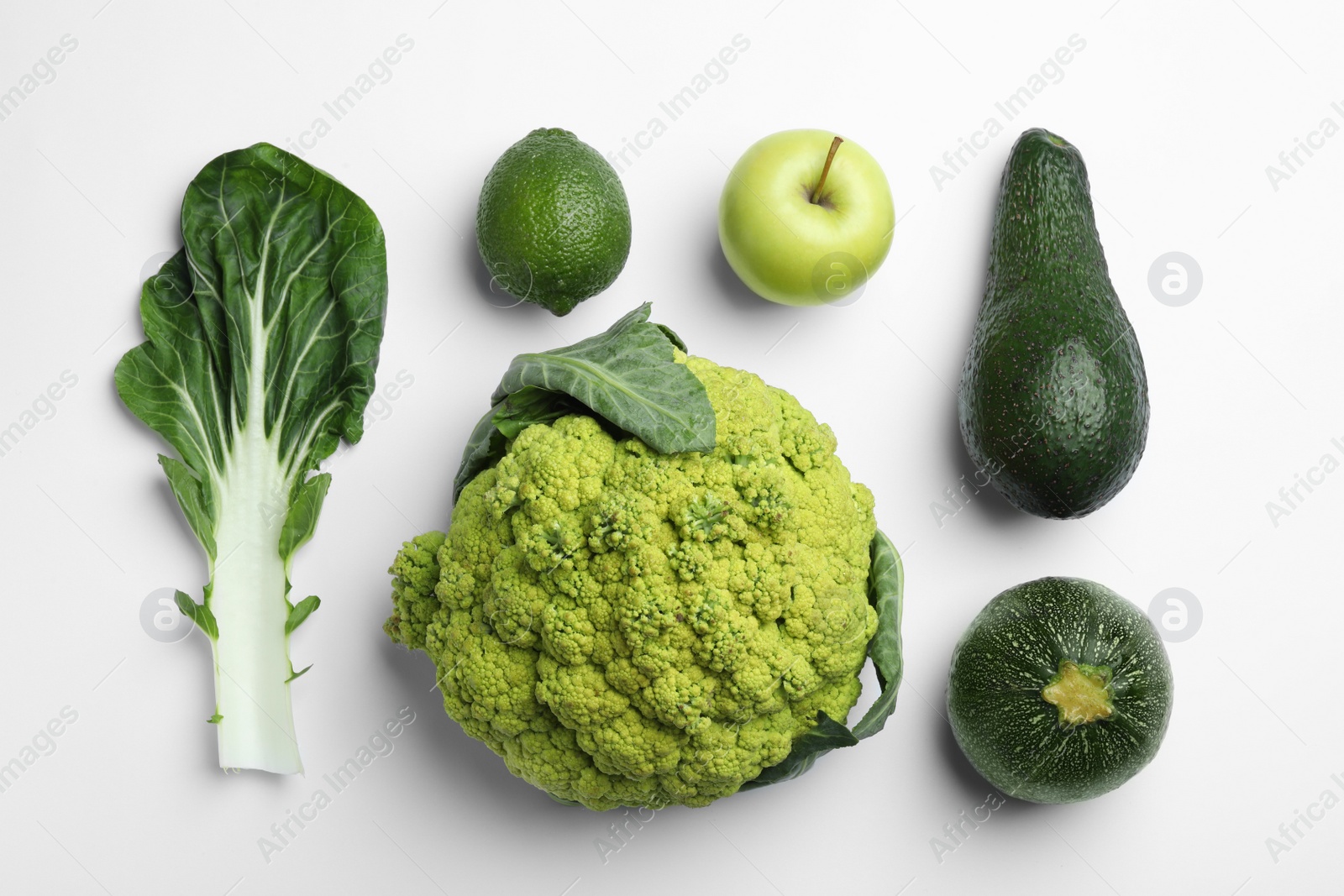 Photo of Flat lay composition with fresh ripe vegetables and fruits on white background