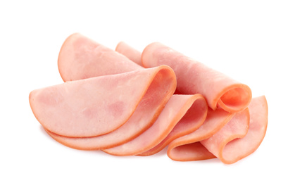 Photo of Slices of tasty fresh ham isolated on white