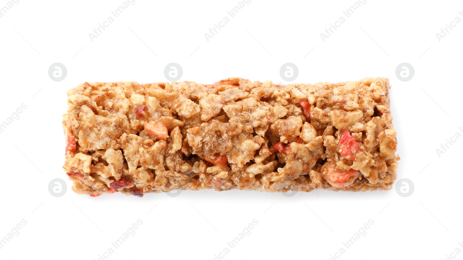 Photo of Tasty protein bar on white background, top view