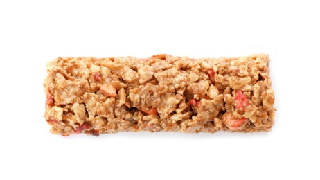 Photo of Tasty protein bar on white background, top view