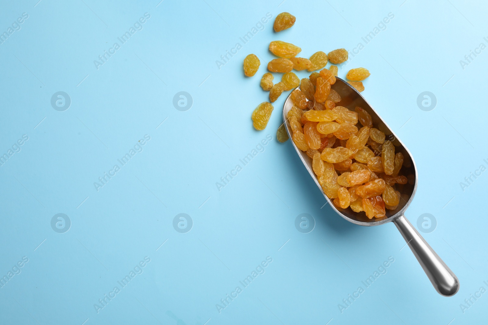 Photo of Scoop of raisins on color background, top view with space for text. Dried fruit as healthy snack