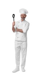 Photo of Happy chef in uniform with spoon isolated on white