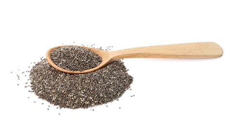 Wooden spoon and chia seeds on white background