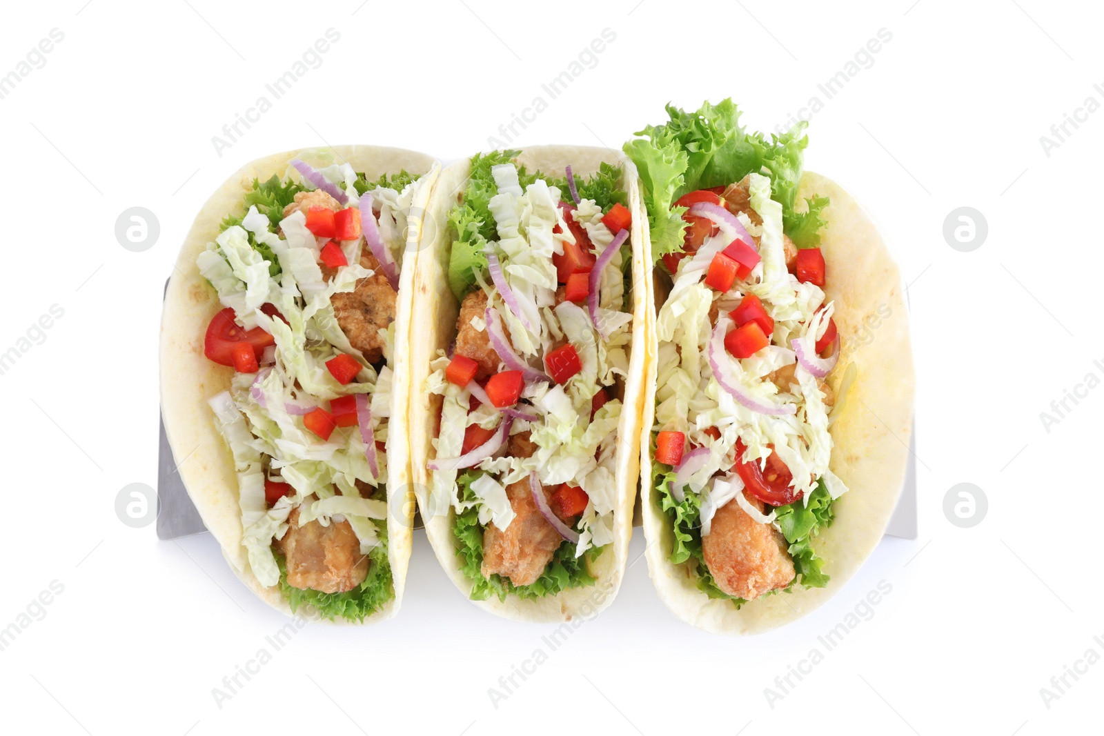 Photo of Yummy fish tacos isolated on white, above view