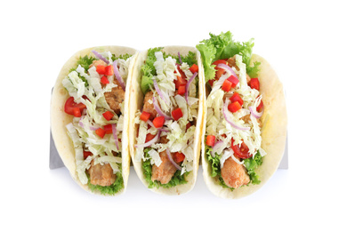 Photo of Yummy fish tacos isolated on white, above view