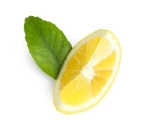 Fresh ripe lemon slice with leaf on white background, top view