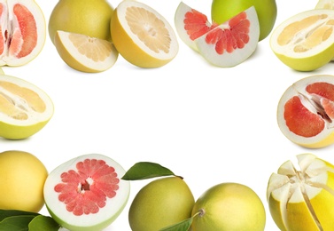 Image of Frame of fresh exotic pomelo fruits on white background, space for text 