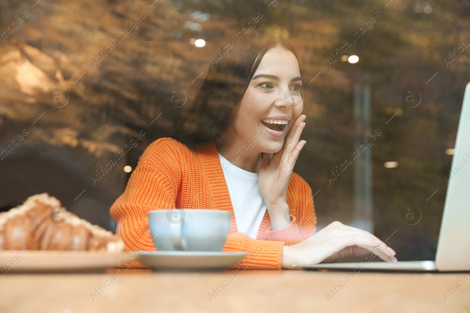 Photo of Special Promotion. Emotional young woman using laptop in cafe, view from outdoors