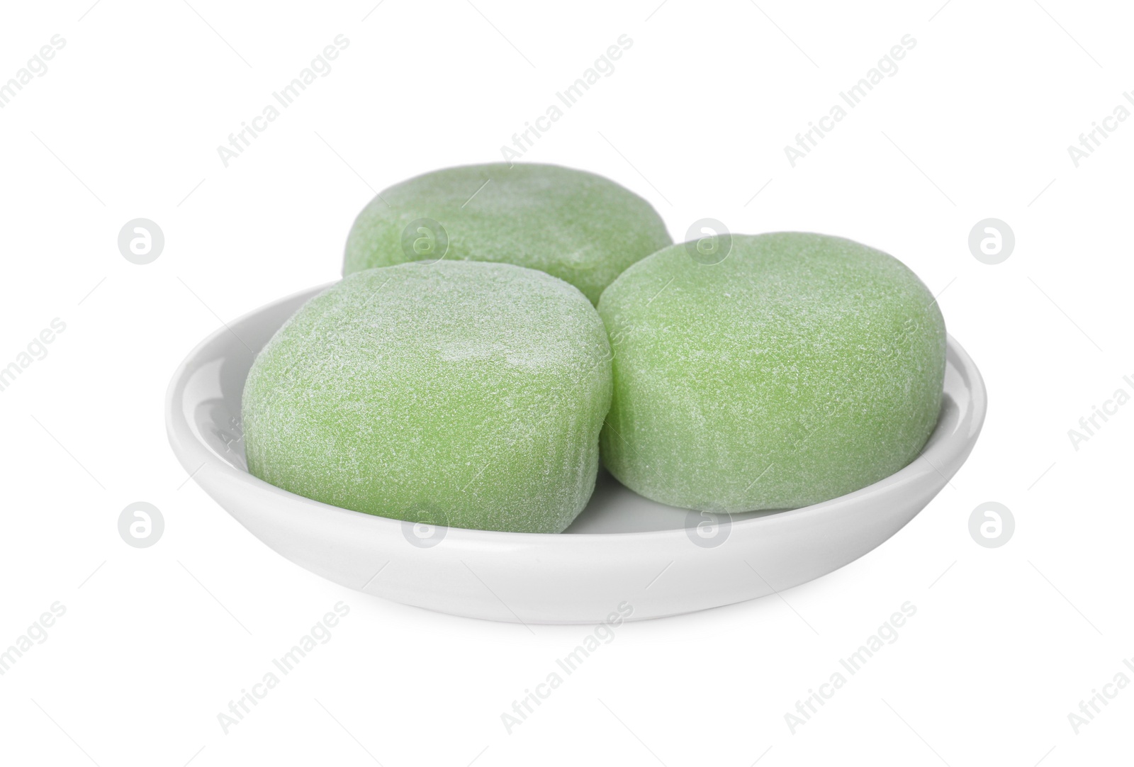 Photo of Plate with delicious mochi on white background. Traditional Japanese dessert