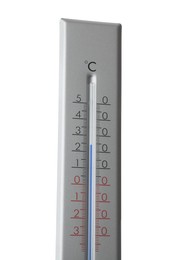 Photo of Modern grey weather thermometer on white background