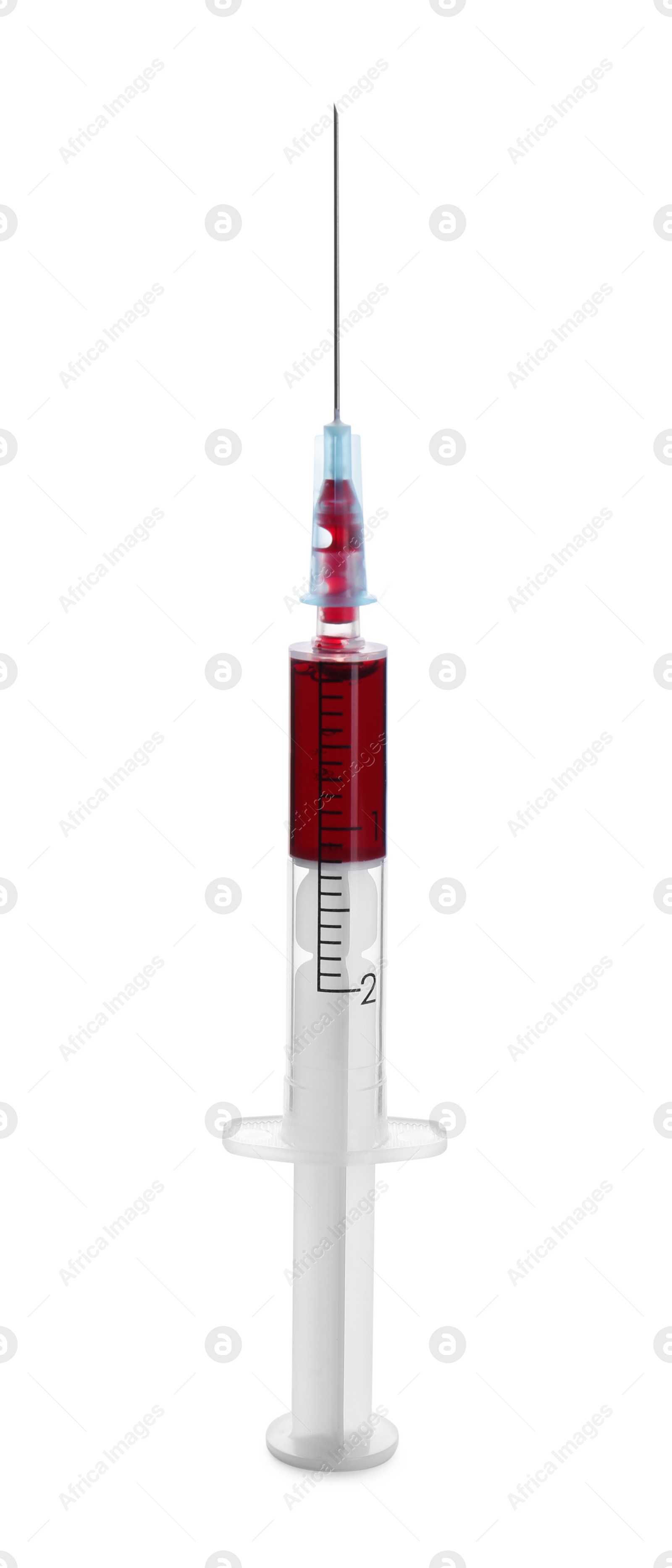 Photo of Plastic syringe with blood isolated on white