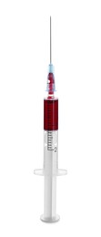 Photo of Plastic syringe with blood isolated on white