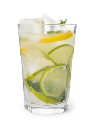 Glass of citrus refreshing drink with ice cubes on white background