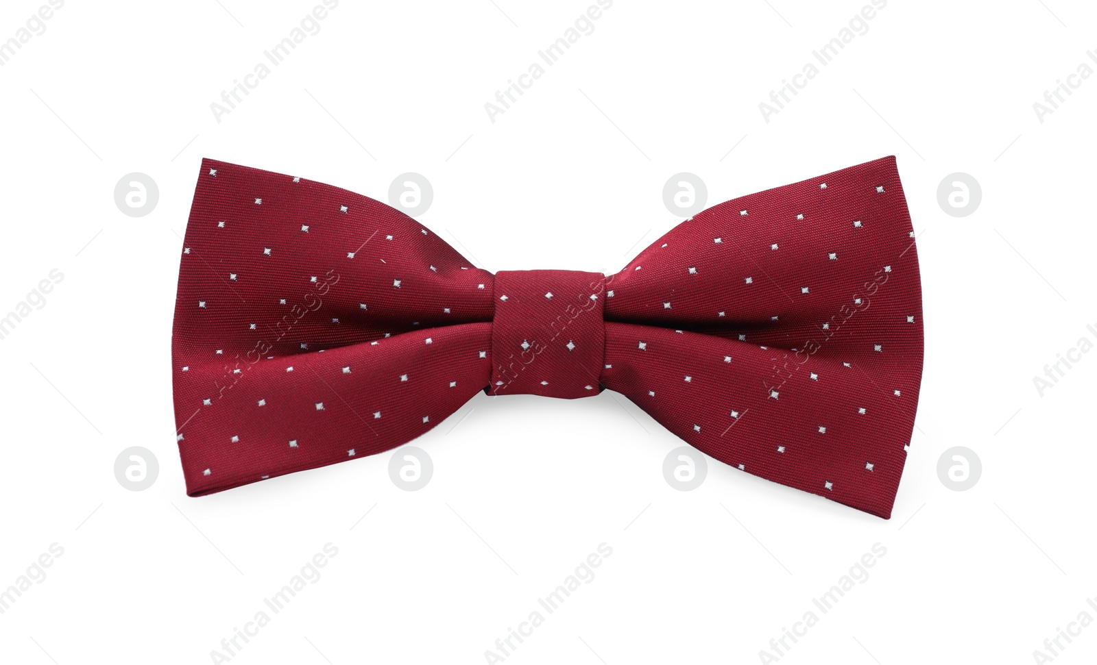 Photo of Stylish burgundy bow tie with polka dot pattern on white background