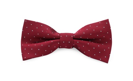 Photo of Stylish burgundy bow tie with polka dot pattern on white background