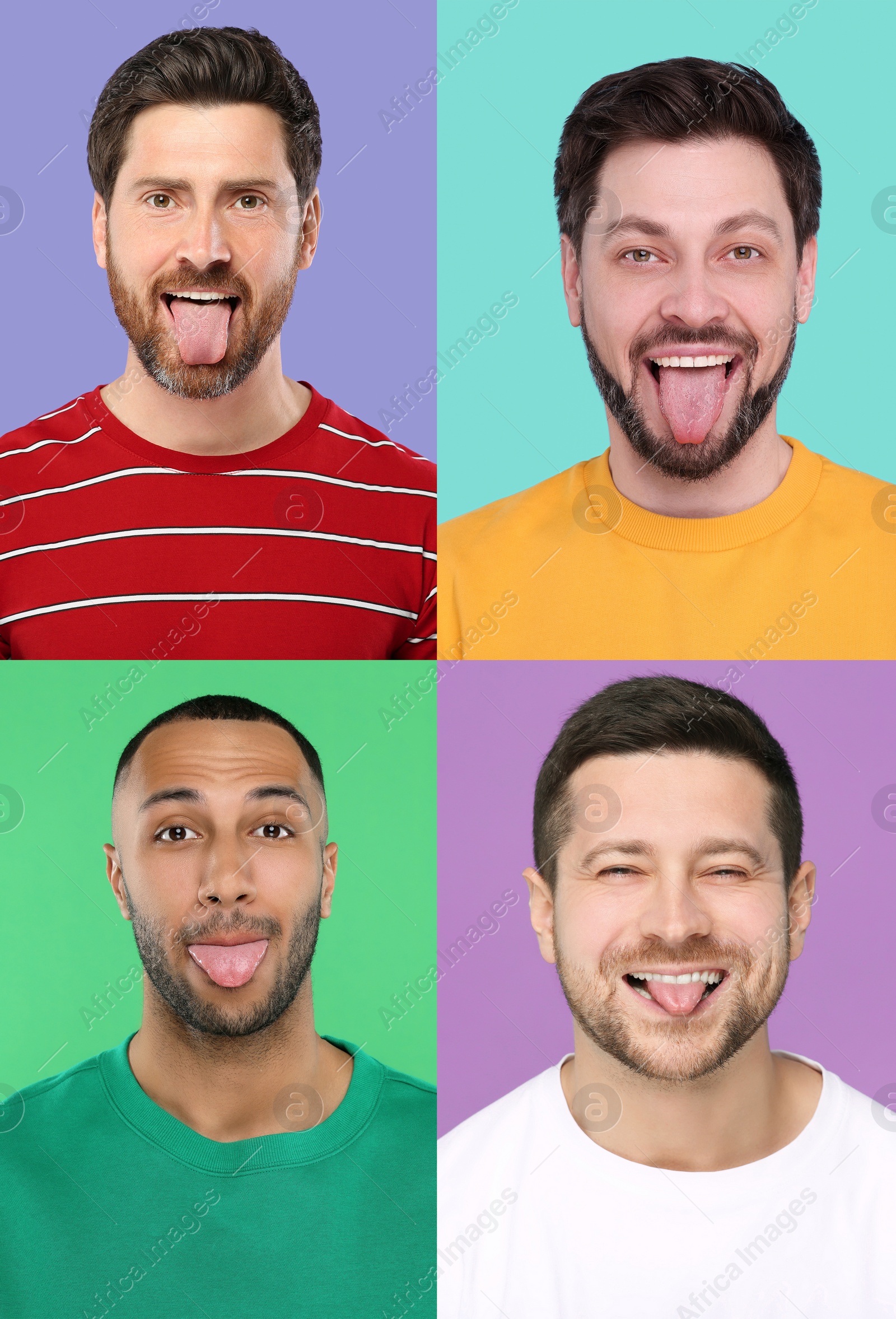 Image of Collage with photos of men showing their tongues on different color backgrounds