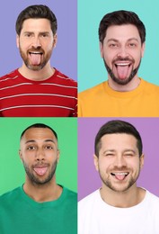 Collage with photos of men showing their tongues on different color backgrounds