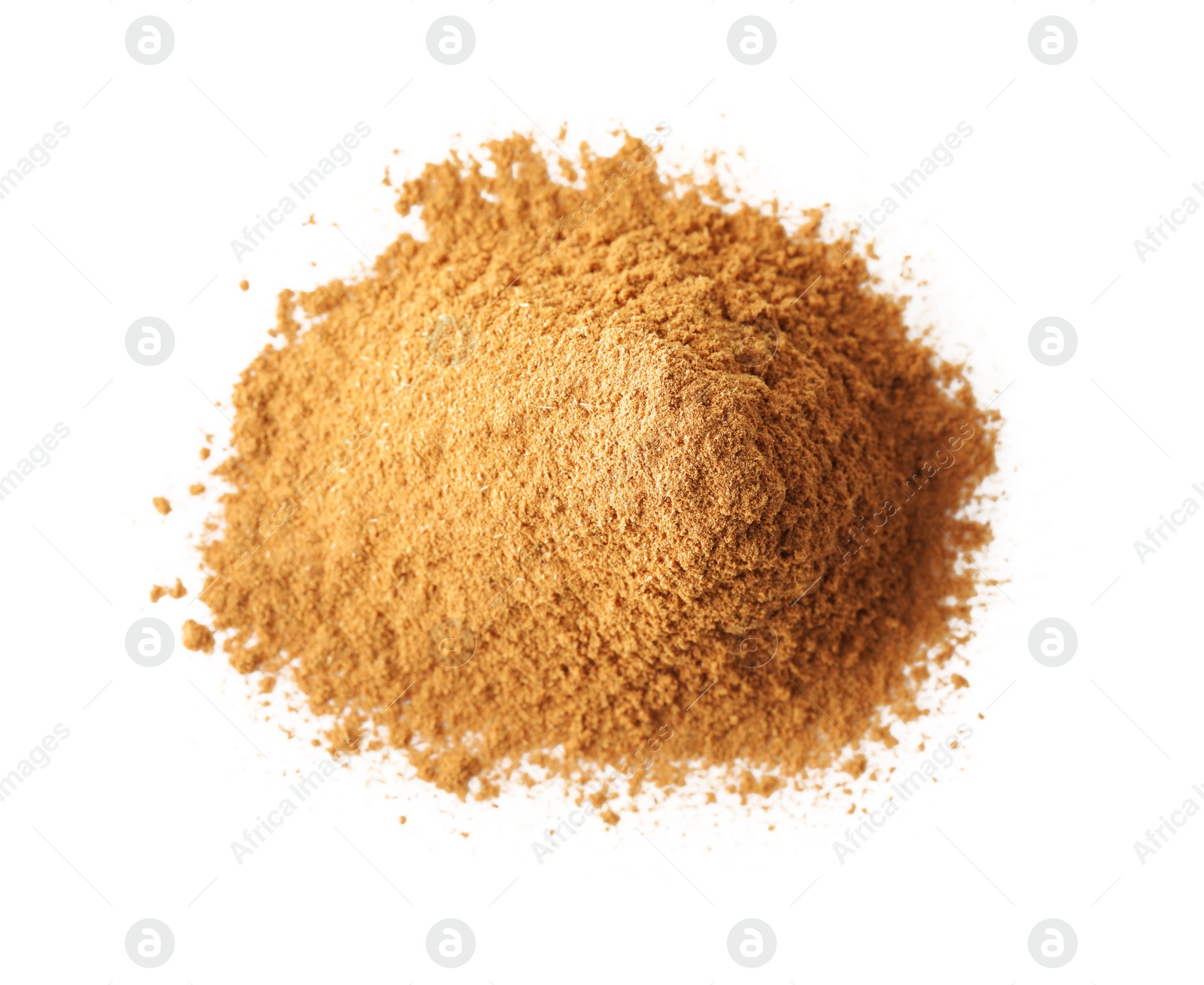 Photo of Pile of dry aromatic cinnamon powder isolated on white, top view