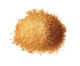 Pile of dry aromatic cinnamon powder isolated on white, top view