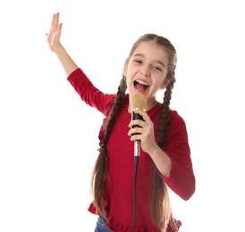 Photo of Cute girl singing in microphone on white background