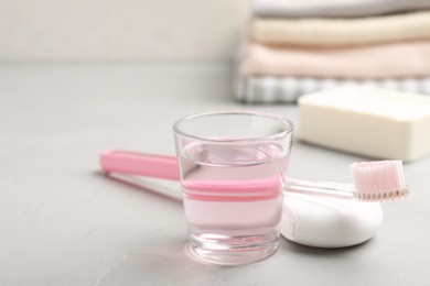 Set of oral care products on light table. Teeth hygiene