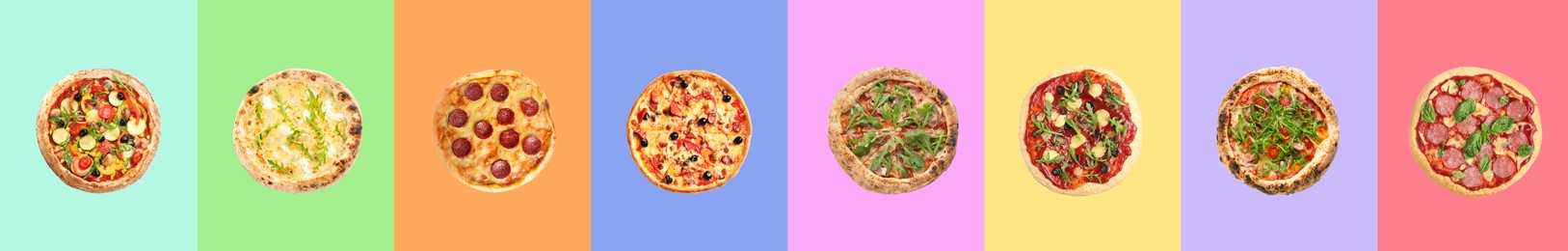 Image of Set of delicious pizzas on different color backgrounds, top view. Banner design