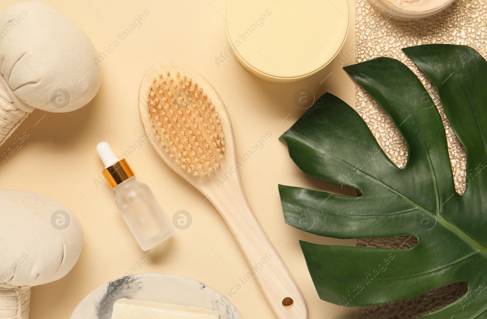 Photo of Bath accessories. Flat lay composition with personal care products on beige background