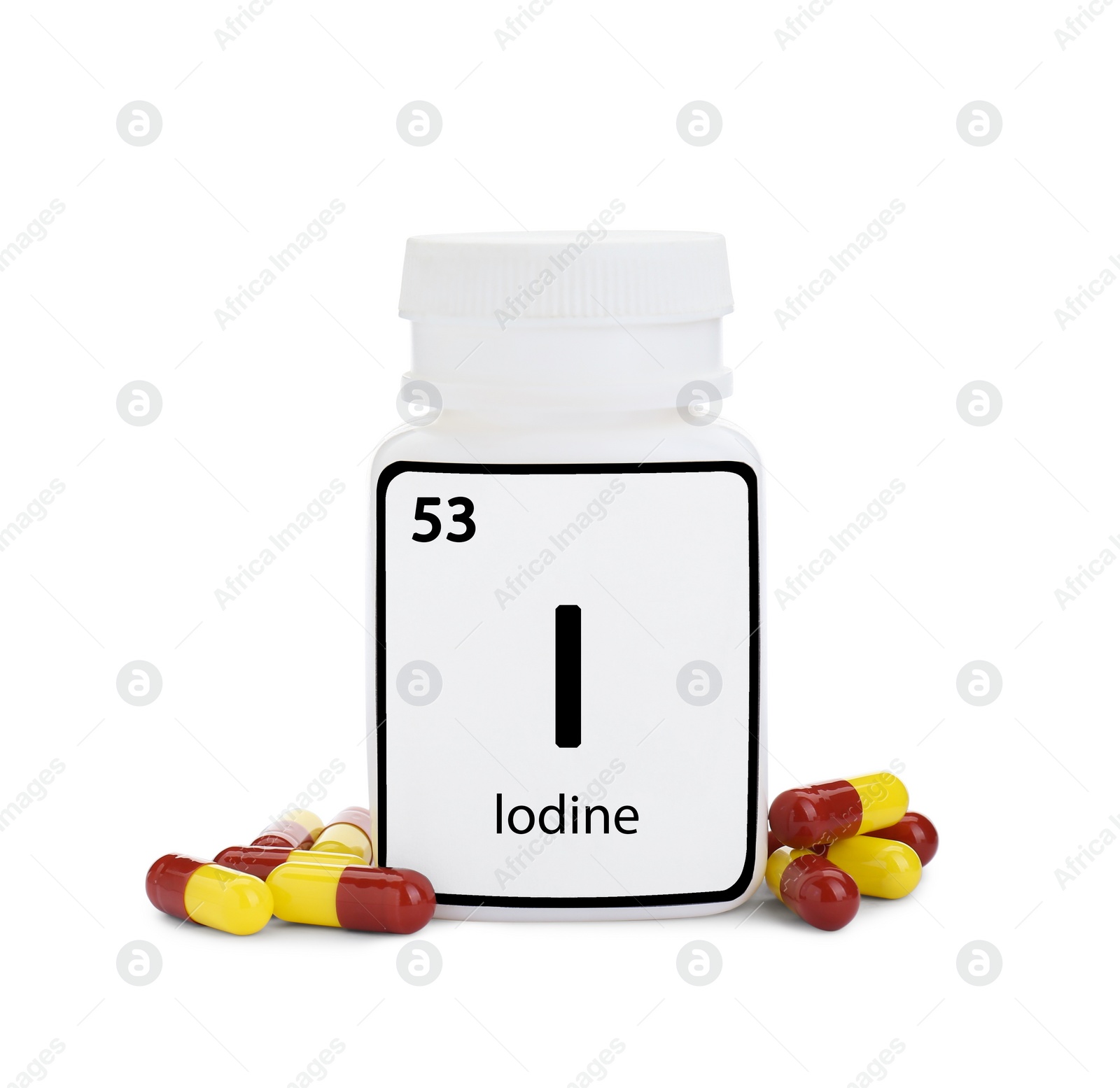 Photo of Plastic jar and iodine pills isolated on white