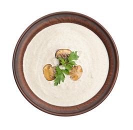 Fresh homemade mushroom soup in ceramic bowl isolated on white, top view