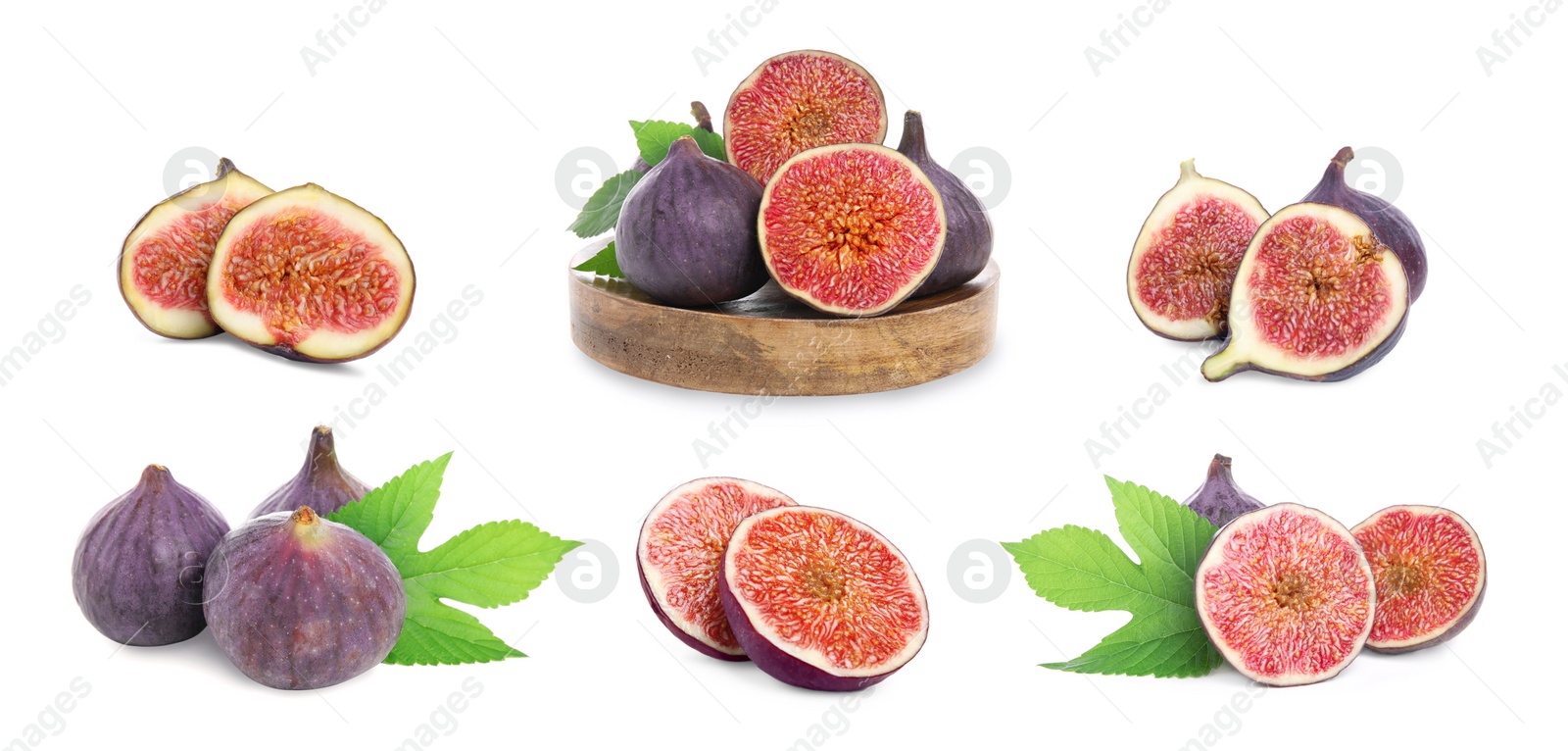 Image of Set with tasty ripe whole and cut figs on white background. Banner design