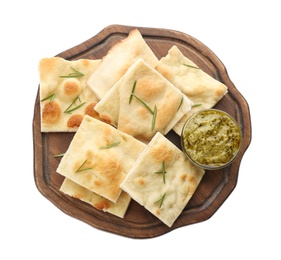 Photo of Slices of delicious focaccia bread on white background, top view