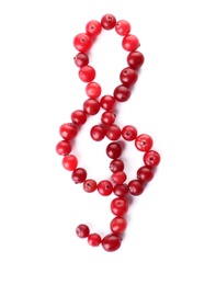 Photo of Treble clef made of cranberries on white background, top view. Musical notes