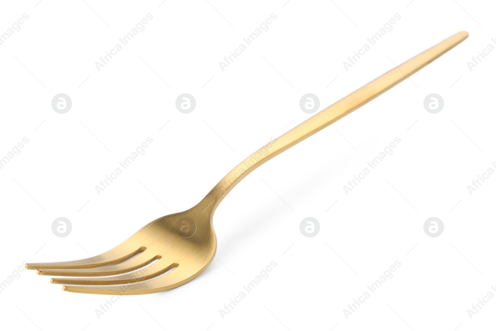 Photo of One shiny golden fork isolated on white