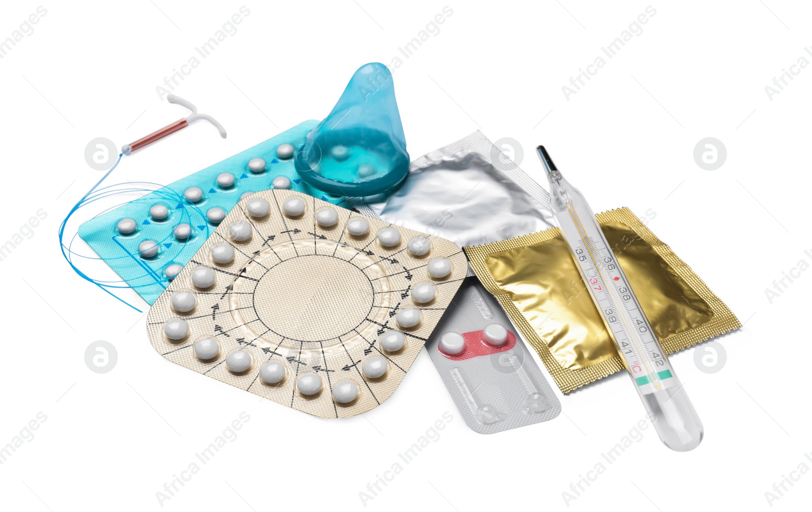 Photo of Contraceptive pills, condoms, intrauterine device and thermometer isolated on white. Different birth control methods