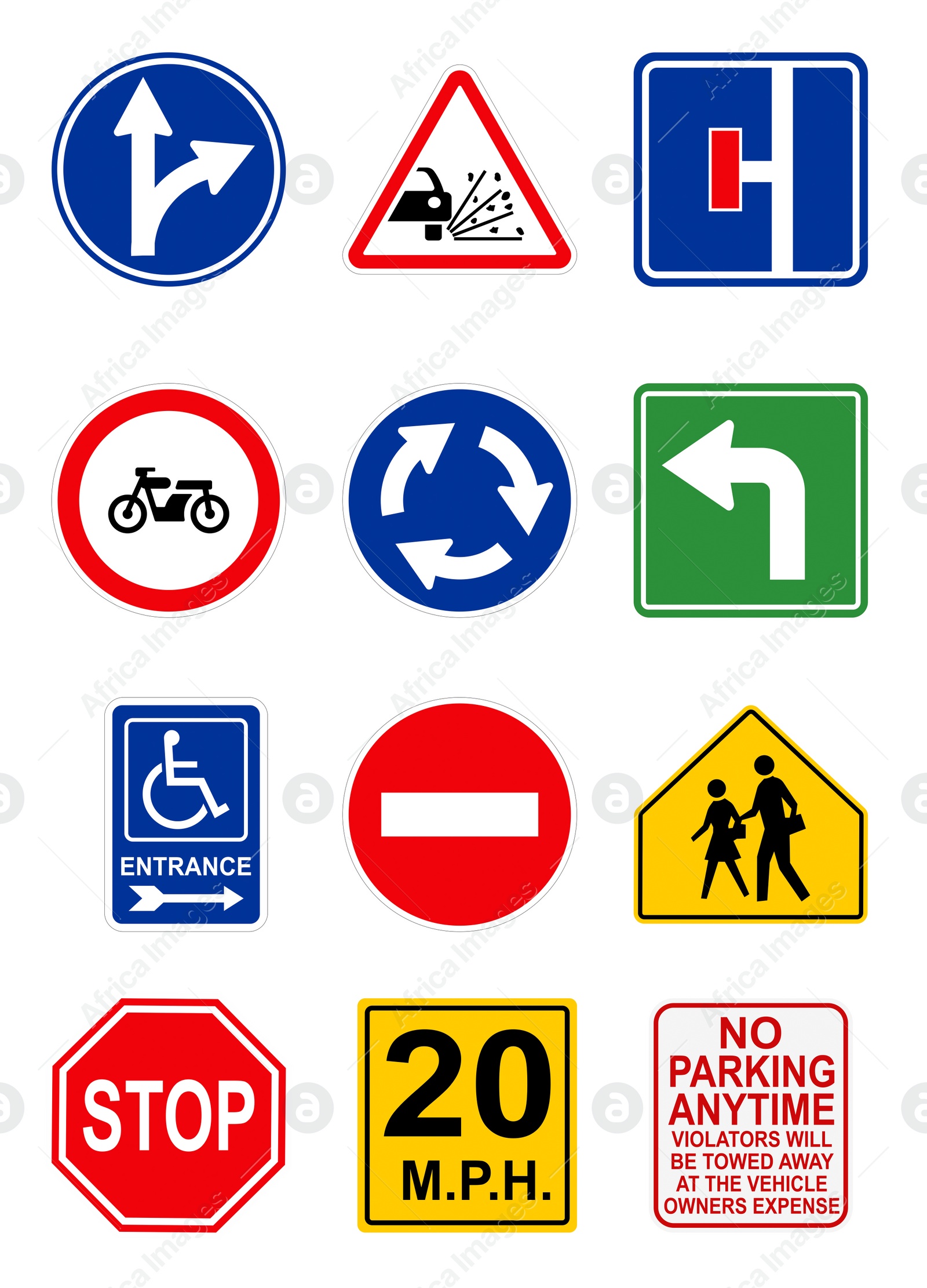 Image of Set with different traffic signs on white background. Illustration