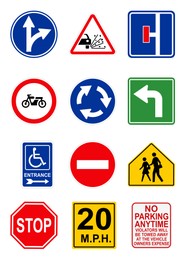 Set with different traffic signs on white background. Illustration