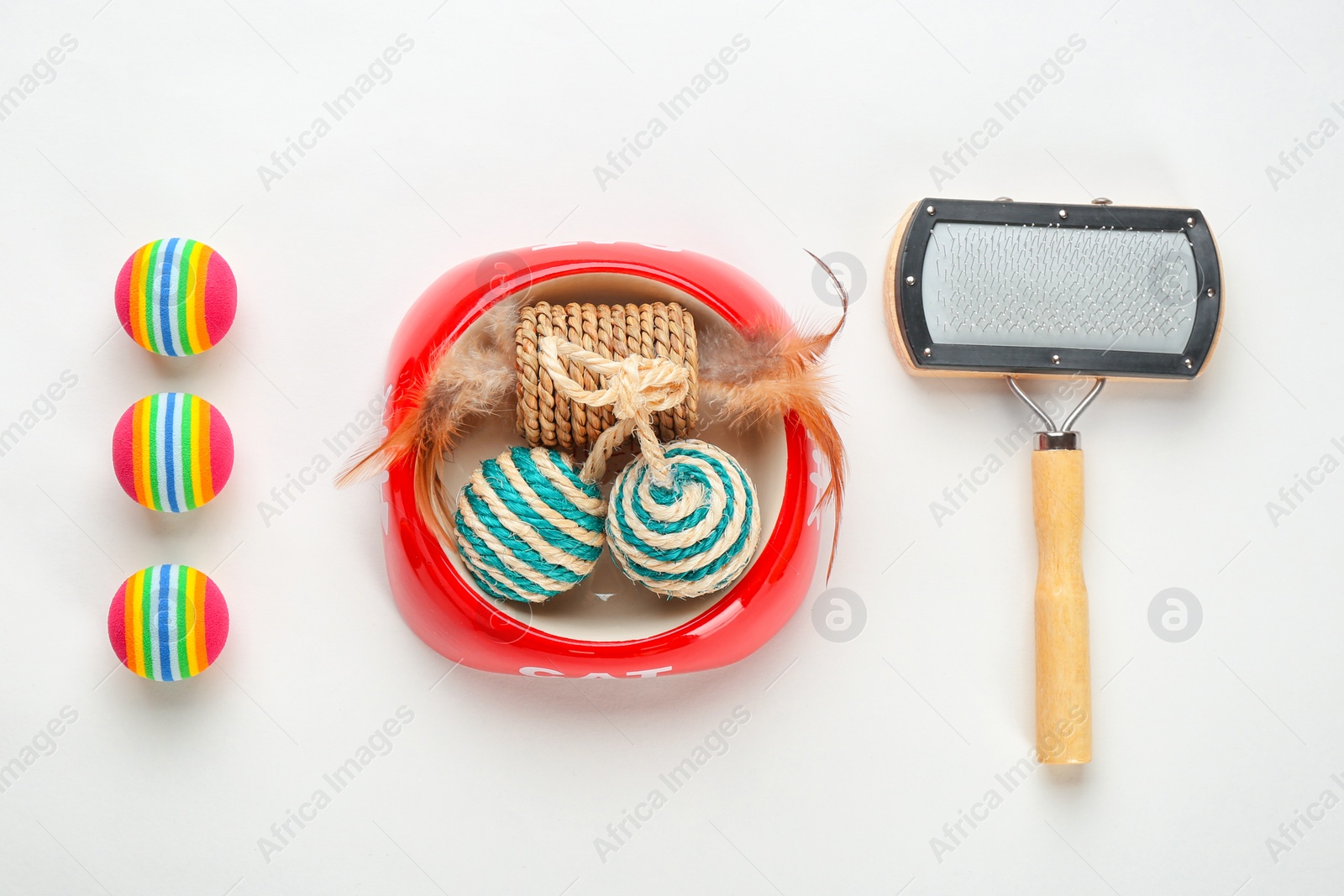 Photo of Cat's accessories on white background