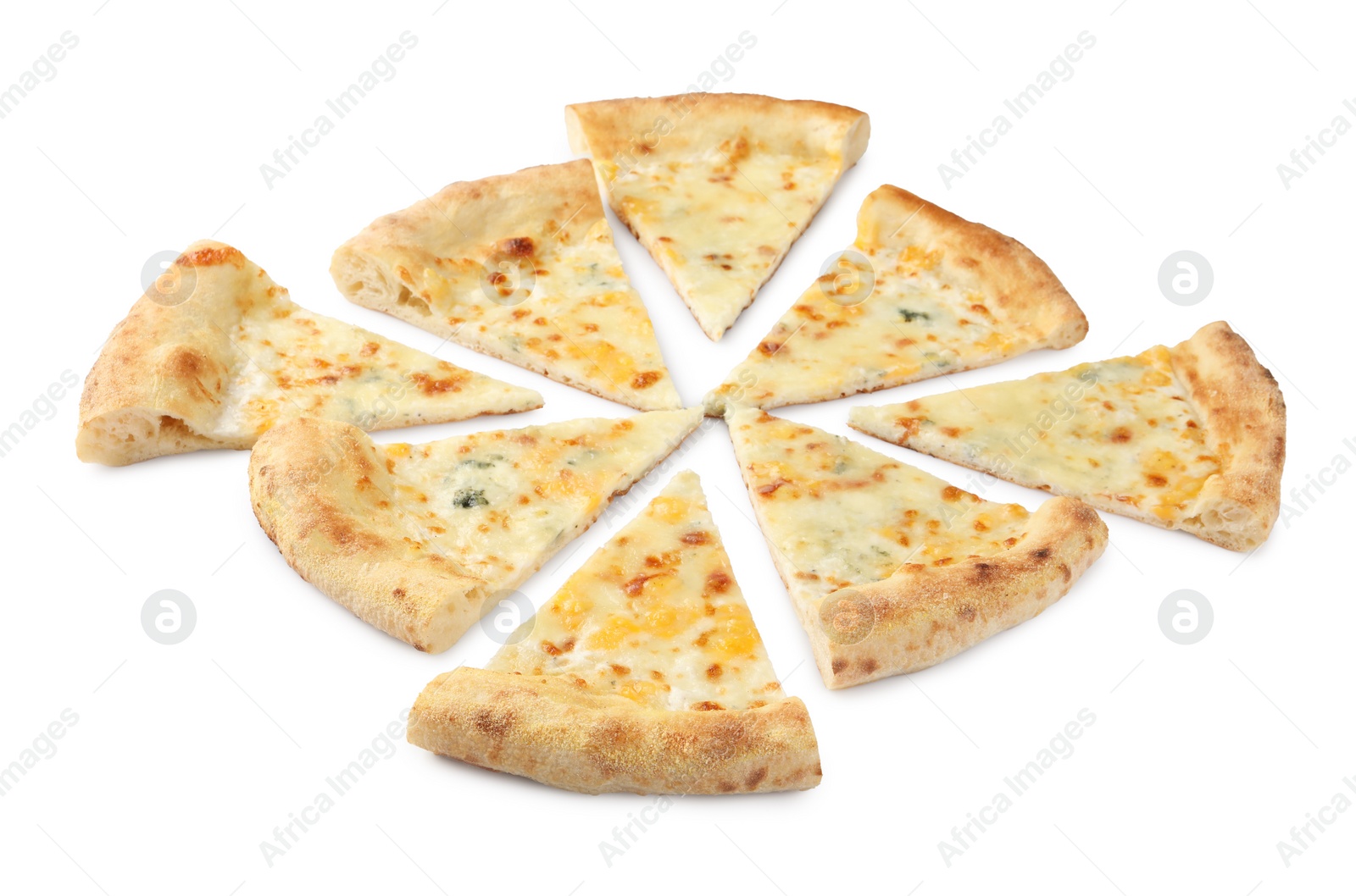 Photo of Pieces of delicious cheese pizza isolated on white