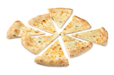 Pieces of delicious cheese pizza isolated on white