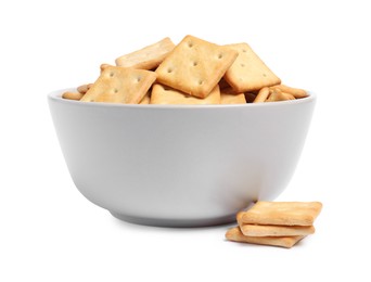 Photo of Tasty crackers in bowl isolated on white