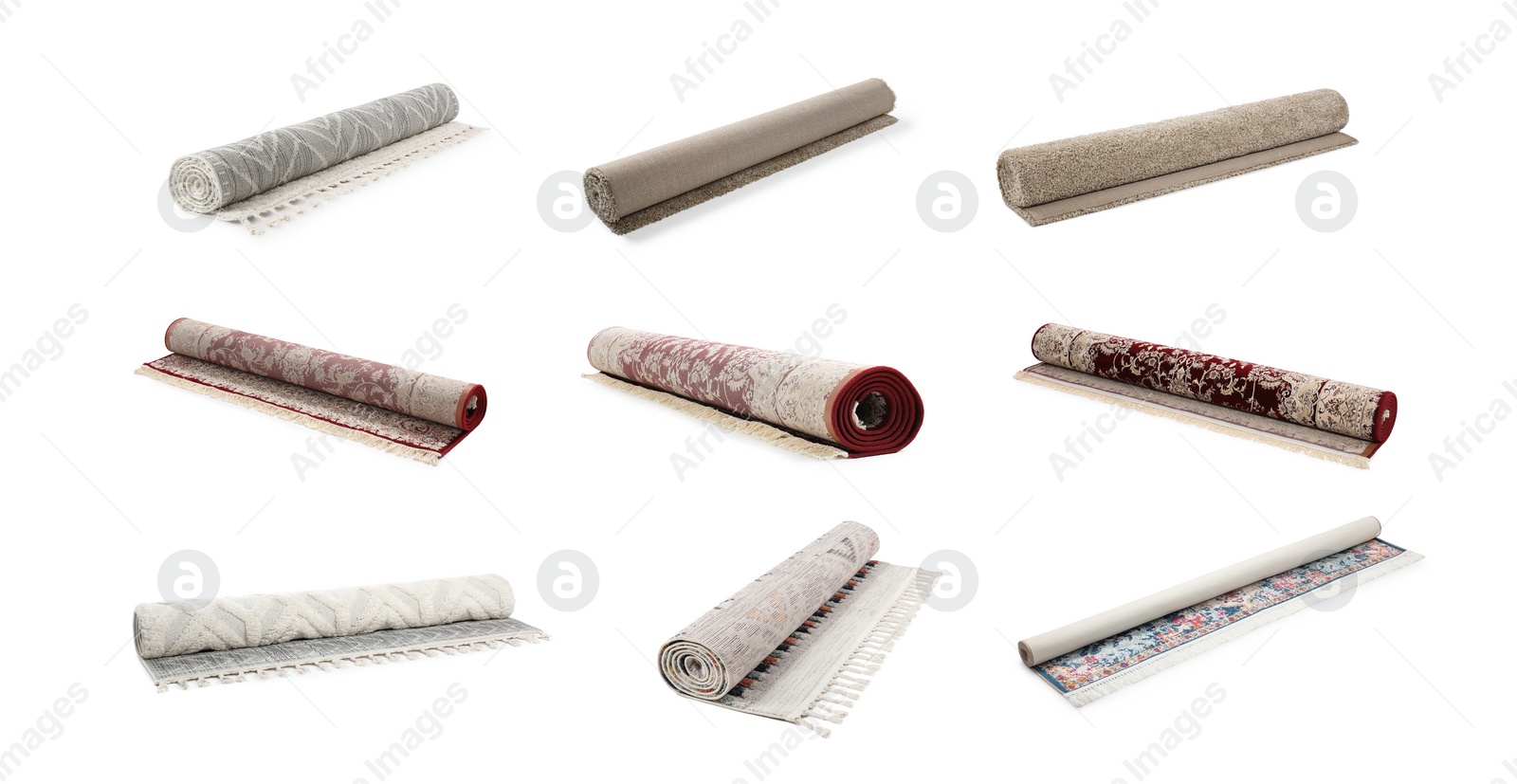 Image of Many different rolled carpets isolated on white, set