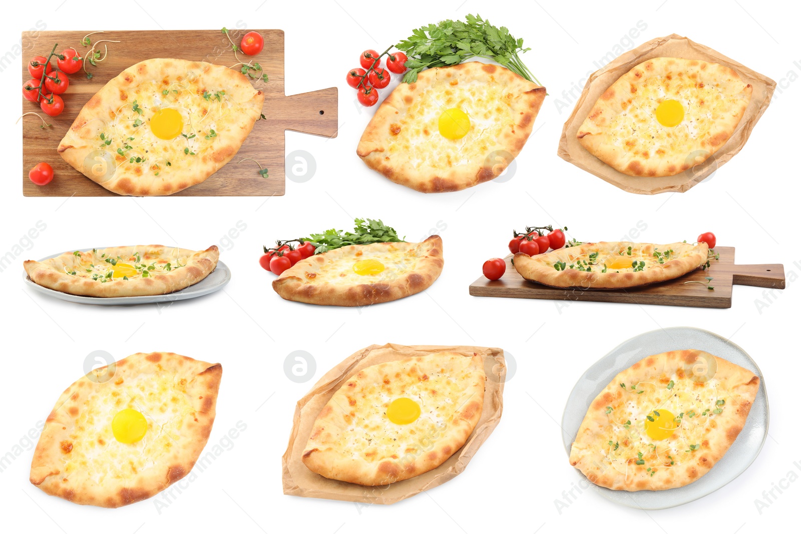 Image of Collage with tasty Adjarian khachapuris on white background