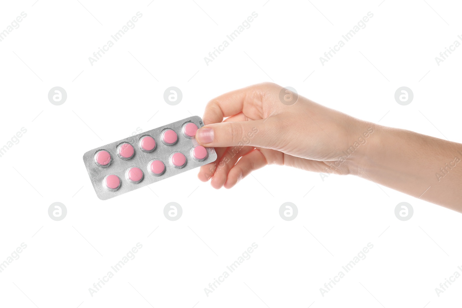 Photo of Woman holding pills in blister pack on white background, closeup