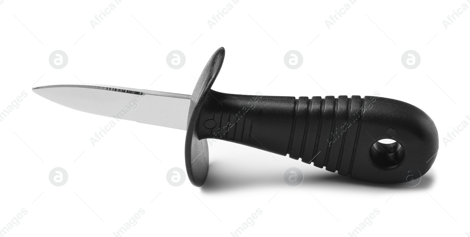 Photo of Stainless steel oyster knife with plastic handle isolated on white