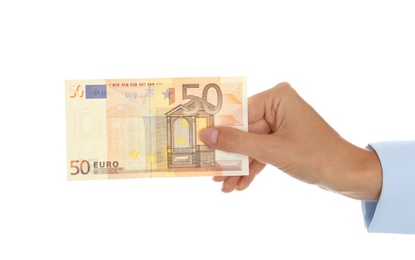 Photo of Woman with Euro banknote on white background, closeup