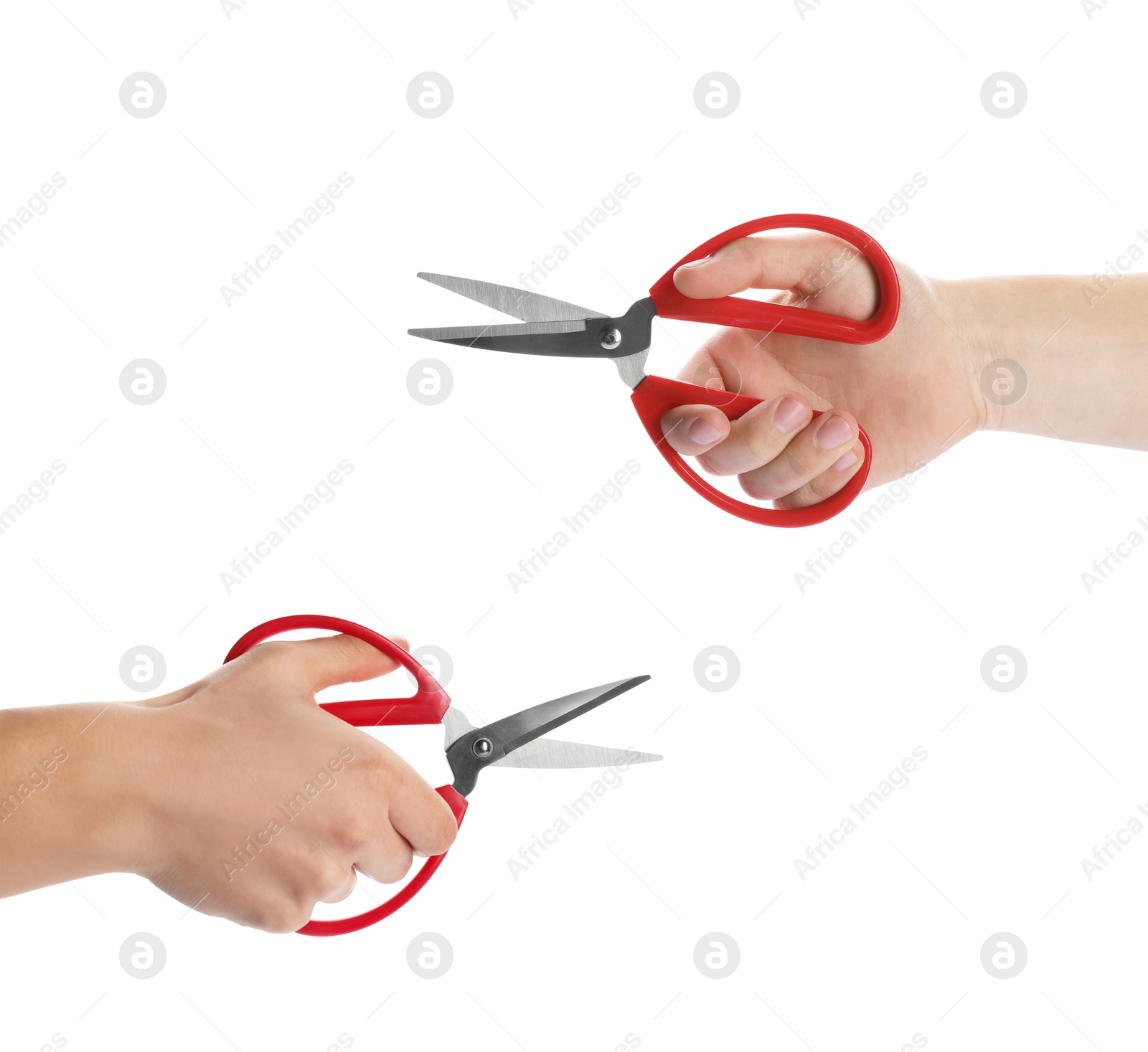 Image of Collage of man holding sewing scissors on white background, closeup