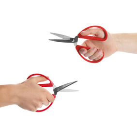 Image of Collage of man holding sewing scissors on white background, closeup
