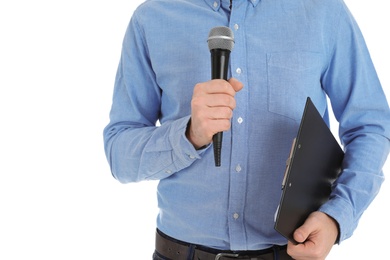 Photo of Man holding microphone and clipboard on white background, closeup