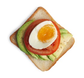 Photo of Delicious sandwich with boiled egg, pieces of avocado and tomato slice isolated on white, top view